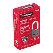 Candado de hierro 63 mm, gancho largo en caja, HERMEX