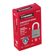 Candado de hierro 63 mm, gancho corto en caja, HERMEX