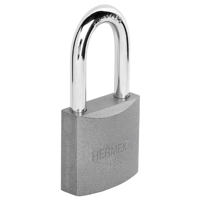 Candado de hierro 38 mm, gancho largo en blíster, HERMEX