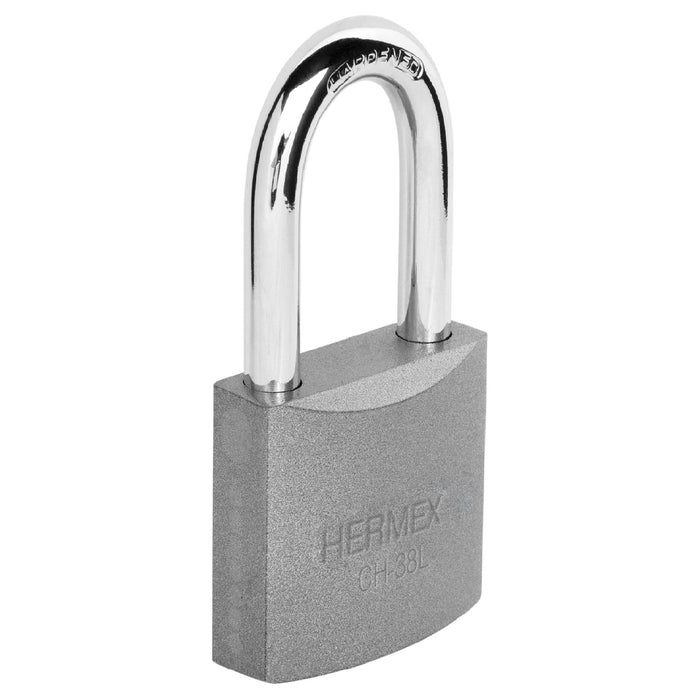 Candado de hierro 38 mm, gancho largo en blíster, HERMEX
