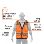 Chaleco seguridad reforzado naranja con bolsas, M, EXPERT