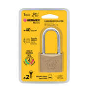 Candado de latón 40 mm gancho largo en blíster, HERMEX BASIC