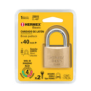 Candado de latón 40 mm gancho corto en blíster, HERMEX BASIC