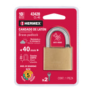 Candado de latón 40 mm gancho corto en blíster, HERMEX