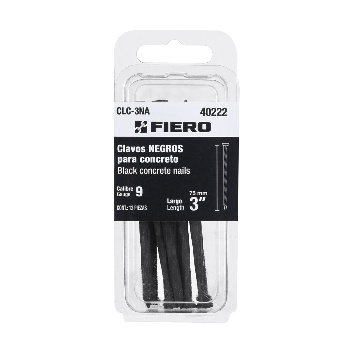 Blíster con 12 clavos negros para concreto 3', FIERO