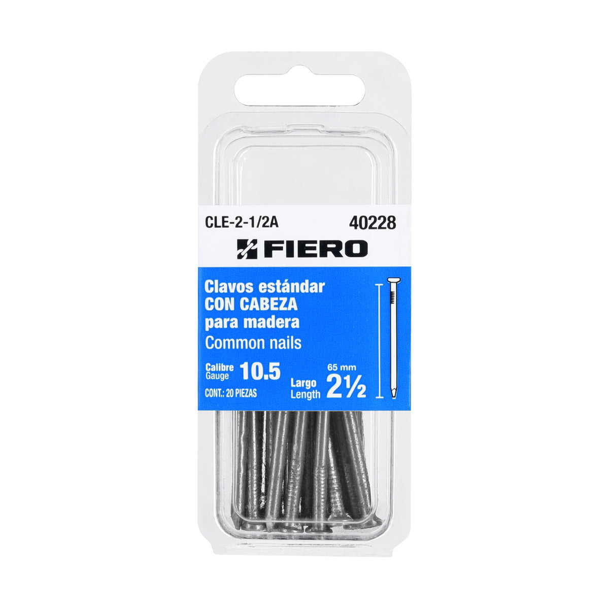 Blíster con 20 clavos estándar 2-1/2' con cabeza, FIERO