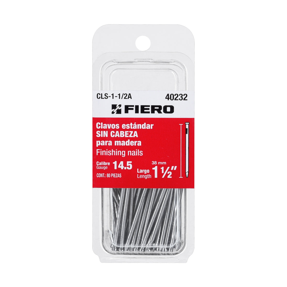 Blíster con 80 clavos estándar 1-1/2' sin cabeza, FIERO