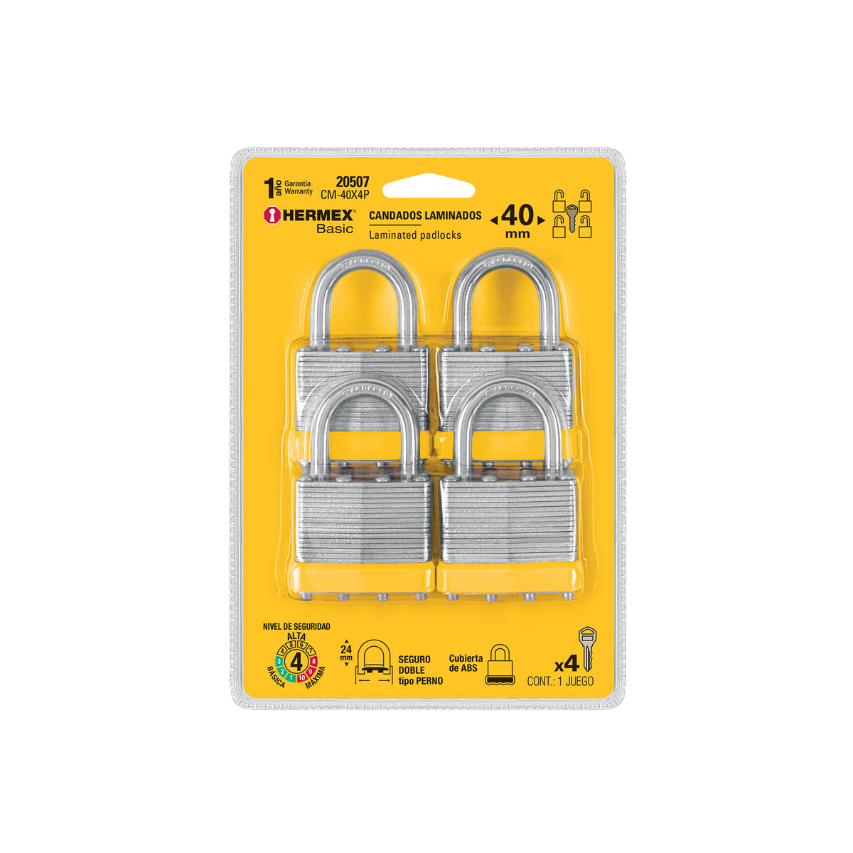 Juego de 4 candados cuerpo laminado, 40 mm, HERMEX BASIC