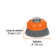 Carda copa 4' alambre ondulado fino, eje 5/8'-11, TRUPER