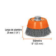 Carda copa 5' alambre ondulado grueso, eje 5/8'-11, TRUPER