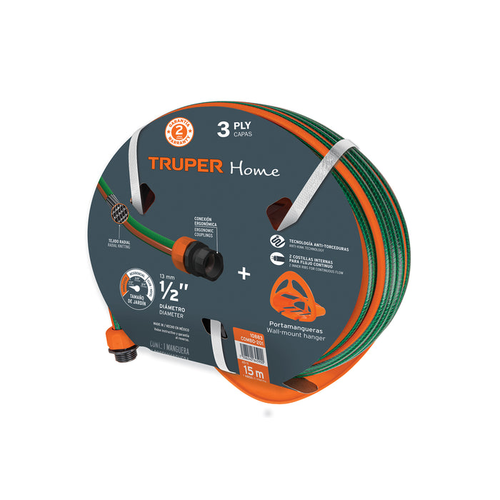 Combo manguera MAN-15X1/2RE y portamanguera GAN-MA, TRUPER