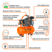 Compresor lubricado, 10L, 2 HP, horizontal, 127V, TRUPER