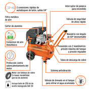 Compresor lubricado, 25L, 3HP, horizontal, 127V, TRUPER