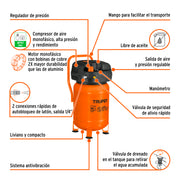 Compresor libre de aceite, 30L, 3HP, vertical, 127V, TRUPER