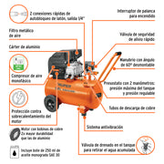 Compresor lubricado, 50L, 3-1/2HP, horizontal, 127V, TRUPER