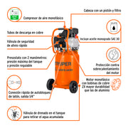 Compresor lubricado, 50L, 3-1/2HP, vertical, 127V, TRUPER