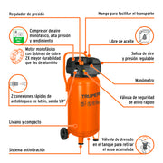 Compresor libre de aceite, 50L, 3HP, vertical, 127V, TRUPER