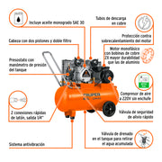 Compresor lubricado, de banda, 60L, hor, 4HP, 127V, TRUPER