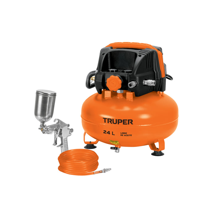 Kit compresor libre de aceite 24L, manguera y pistola,TRUPER