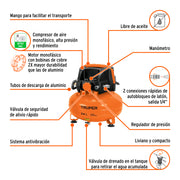 Kit compresor libre de aceite 24L, manguera y pistola,TRUPER