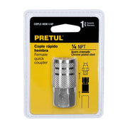 Cople rápido de acero, hembra, cuerda 1/4' NPT, PRETUL