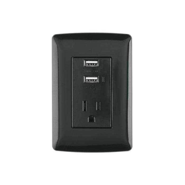 Contacto aterrizado + 2 puertos USB, negro, línea Italiana