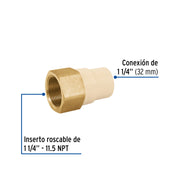 Adaptador hembra de CPVC 1-1/4'con inserto y tuerca de latón