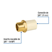 Adaptador macho de CPVC 3/4' con inserto y tuerca de latón