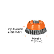 Carda copa 5' alambre trenzado grueso, eje 5/8'-11, TRUPER