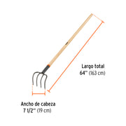Cultivador forjado, 5 dientes, mango de madera 60', TRUPER