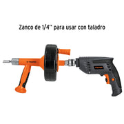 Destapacaños de 7.6 m para taladro, con mango, TRUPER