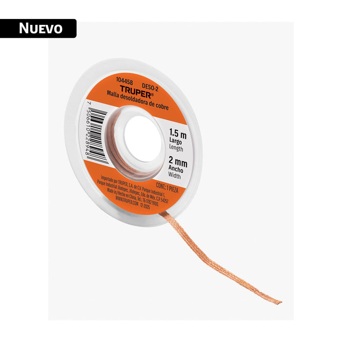 Malla desoldadora de cobre, 2 mm x 1.5 m, TRUPER