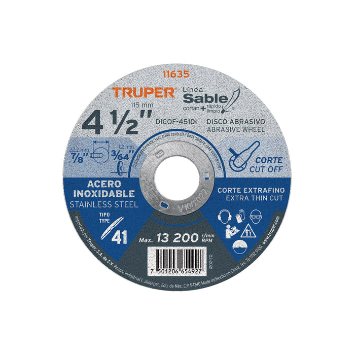 Disco abrasivo de corte preciso acero inox 4-1/2'x1mm TRUPER