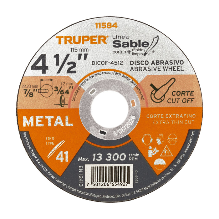 Disco abrasivo de corte preciso metal 4-1/2' x 1.2 mm,TRUPER