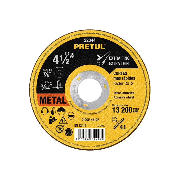Disco abrasivo de corte preciso metal 4-1/2' x 1.2 mm PRETUL