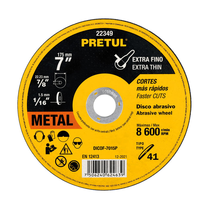 Disco abrasivo de corte preciso metal 7' x 1.5 mm, PRETUL