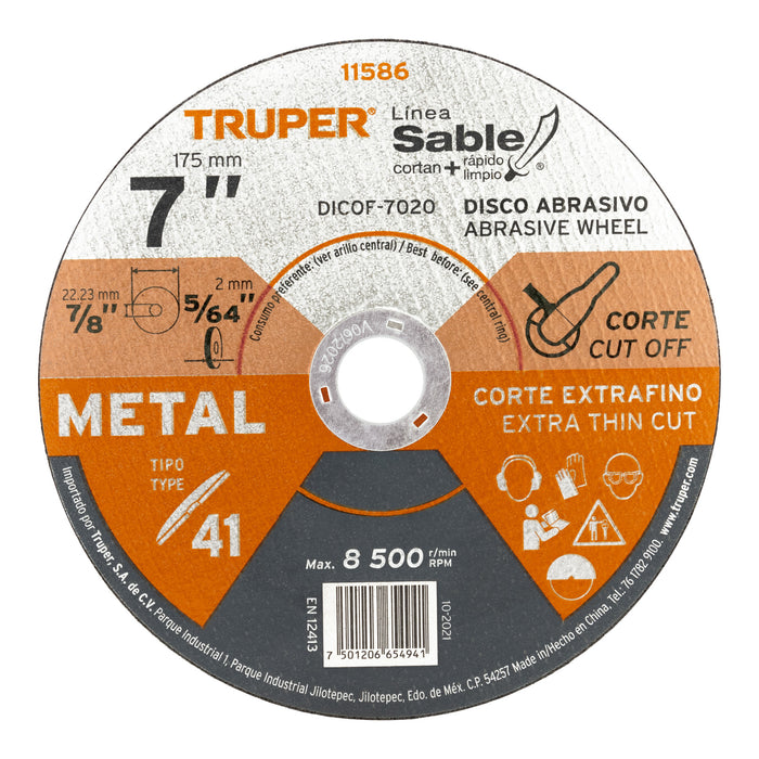 Disco abrasivo de corte preciso metal 7' x 2 mm, TRUPER