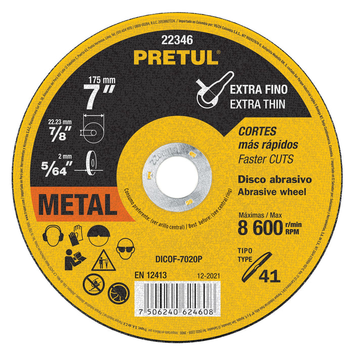 Disco abrasivo de corte preciso metal 7' x 2 mm, PRETUL