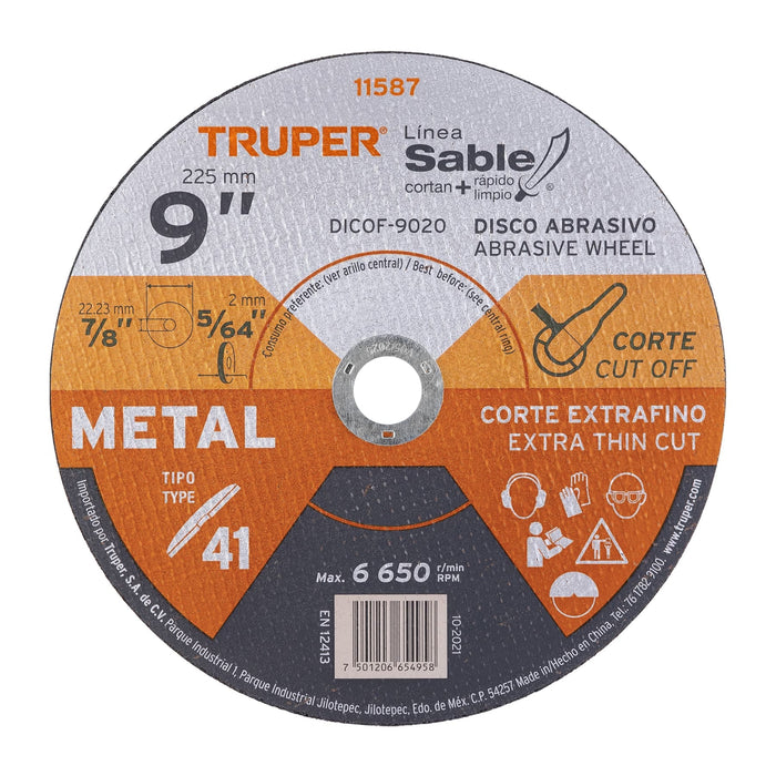 Disco abrasivo de corte preciso metal 9' x 2 mm, TRUPER