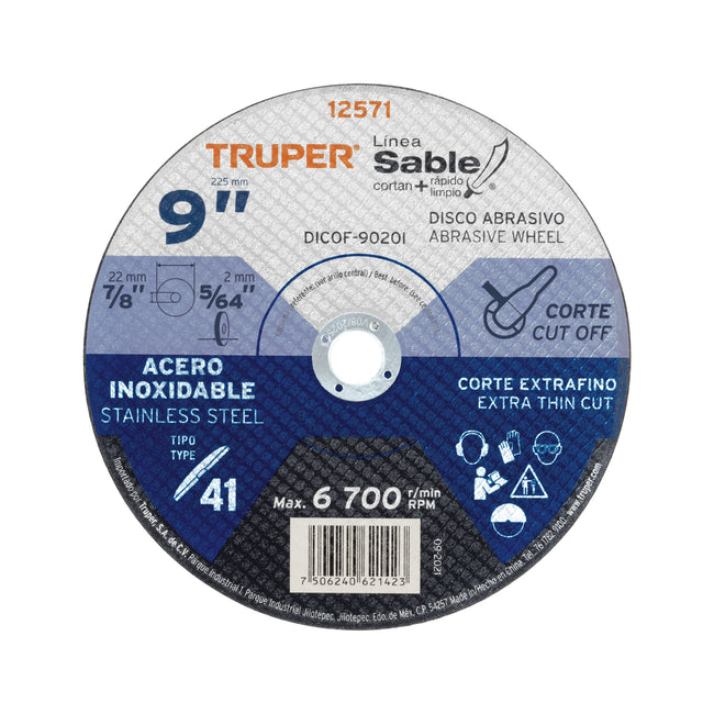 Disco abrasivo de corte preciso acero inox 9' x 2 mm, TRUPER