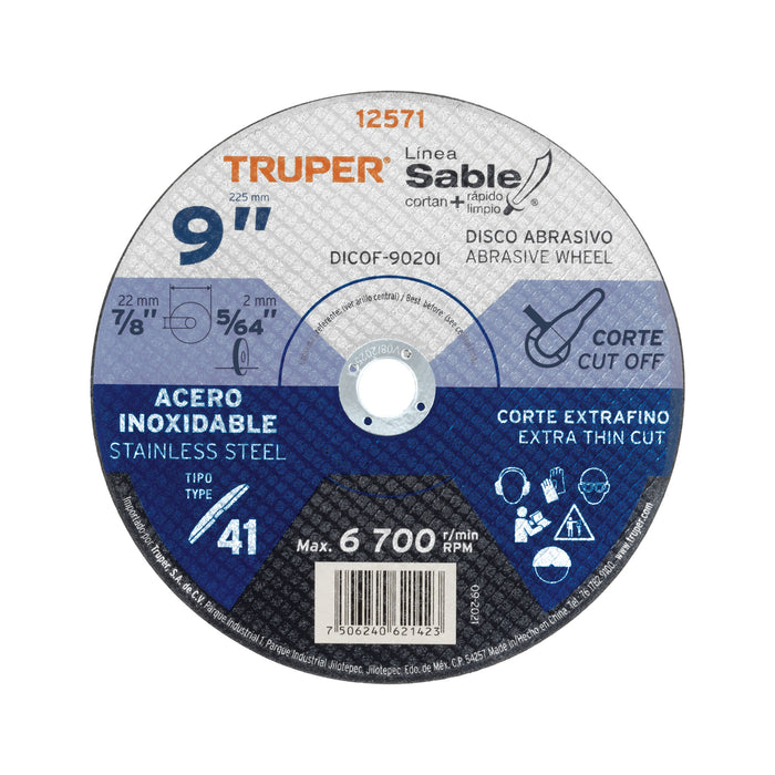 Disco abrasivo de corte preciso acero inox 9' x 2 mm, TRUPER