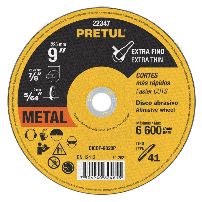 Disco abrasivo de corte preciso metal 9' x 2 mm, PRETUL