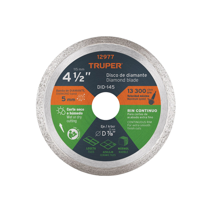 Disco de diamante de 4-1/2' x 1.6 mm, rin continuo, TRUPER