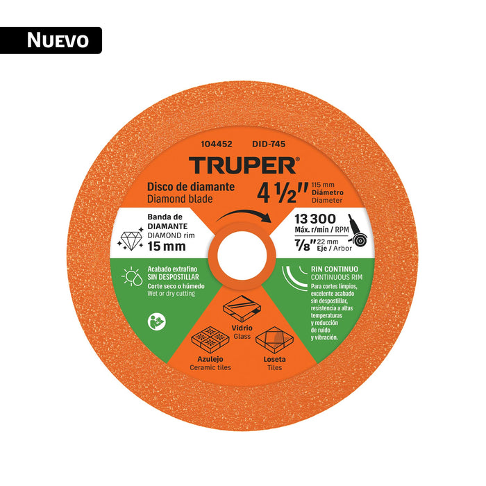 Disco de diamante 4-1/2', corte de vidrio, TRUPER