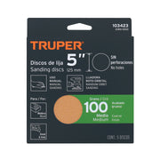 Paquete con 5 discos de lija 5' grano 100, ciegos, TRUPER