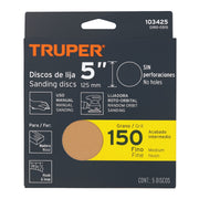 Paquete con 5 discos de lija 5' grano 150, ciegos, TRUPER
