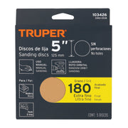 Paquete con 5 discos de lija 5' grano 180, ciegos, TRUPER