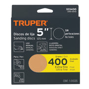 Paquete con 5 discos de lija 5' grano 400, ciegos, TRUPER