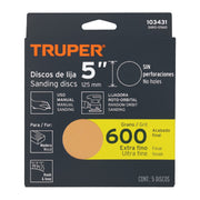 Paquete con 5 discos de lija 5' grano 600, ciegos, TRUPER