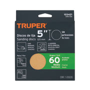 Paquete con 5 discos de lija 5' grano 60, ciegos, TRUPER